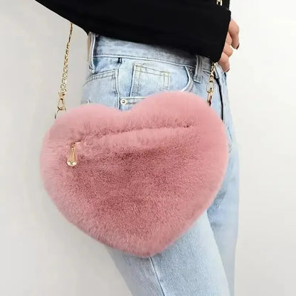 Heart Shaped Fluffy Shoulder Bag Fashion Chain Crossbody Bag Plush Handbag